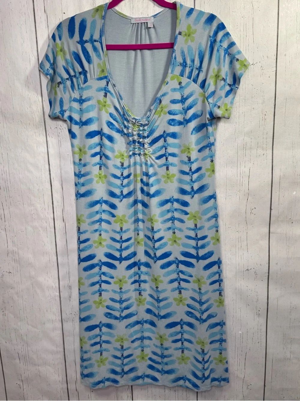 Fresh Produce Drangonfly Blue Gray Print Midi Dress Large Ruched Coastal Casual